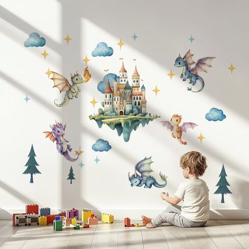 SUPERDANT Flying Dragon Wall Stickers Cartoon Castle Wall Decor Nursery Stickers Dragon DIY Vinyl Murals Peel and Stick Wallpaper Art Decals for Kids Room Playroom Livingroom Baby Room Decor in Saudi Arabia