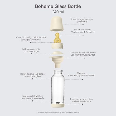 BIBS Boheme Baby Glass Bottle 4 oz /120 ml. Anti-Colic. Round Natural Rubber Latex Nipple. Supports Natural Breastfeeding - Ivory in Saudi Arabia