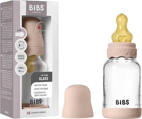 BIBS Boheme Baby Glass Bottle 4 oz /120 ml. Anti-Colic. Round Natural Rubber Latex Nipple. Supports Natural Breastfeeding - Ivory in Saudi Arabia