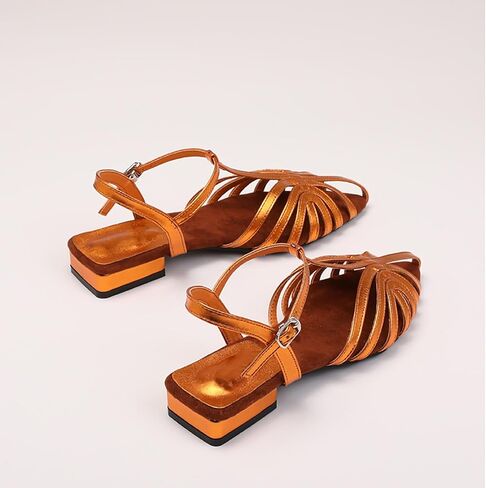 Women'S Strappy Pointed Closed Toe Low Chunky Heel Roman Sandals Fashion Adjustable Buckle Cut Out Cage Comfortable Flat Fisherman Sandals Casual Summer Breathable T Strap Beach Sandals in Kuwait