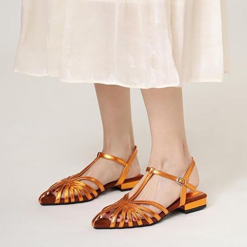 Women'S Strappy Pointed Closed Toe Low Chunky Heel Roman Sandals Fashion Adjustable Buckle Cut Out Cage Comfortable Flat Fisherman Sandals Casual Summer Breathable T Strap Beach Sandals in Kuwait