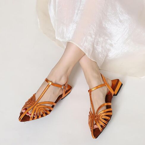 Women'S Strappy Pointed Closed Toe Low Chunky Heel Roman Sandals Fashion Adjustable Buckle Cut Out Cage Comfortable Flat Fisherman Sandals Casual Summer Breathable T Strap Beach Sandals in Kuwait