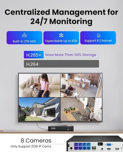ZOSI 4K 8MP 8CH PoE Security Camera System, 8pcs 3K 5MP C186 Aurora Lux True Full Color Night Vision Outdoor Indoor PoE Wired Cameras, Person/Vehicle Alerts, Light & Siren, Two-Way Talk, with 2TB HDD in Saudi Arabia