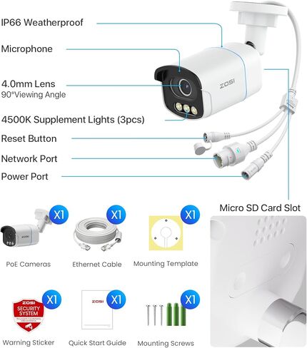 Zosi 4k 8mp 8ch Poe Security Camera System ، 8pcs 3k 5mp C186 Aurora Lux حقيقية كاملة اللون الكاميرات الليلية في الهواء الطلق ، كاميرات سلكية داخلية ، شخص/مركبة ، خفيفة وذرة صفارات الإنذار ، مع 2 تيرابايت من كاميرات الكاميرات in Saudi Arabia