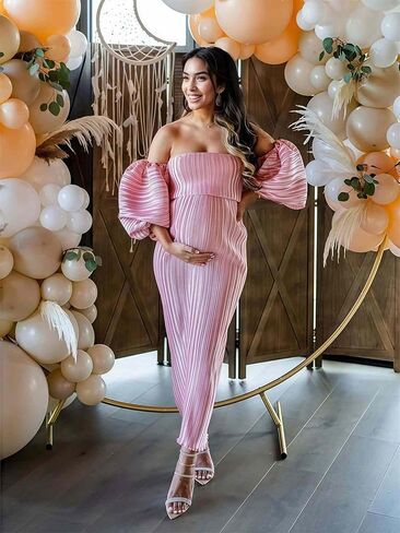 Pink Maternity Dresses for Baby Shower, Off The Shoulder Pregnancy Photoshoot Maxi Gown for Women in Saudi Arabia