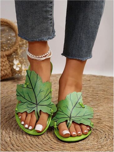 Verdusa Women's Leaf PU Leather Flip Flops Open Toe Slip on Slides Flat Thong Sandals in Saudi Arabia