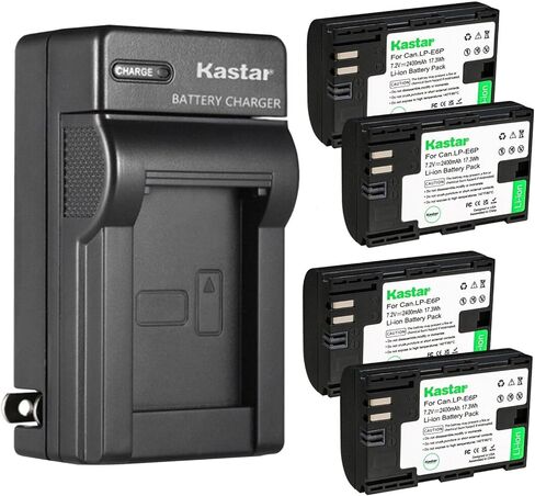 بطارية Kastar 4-Pack LP-E6P واستبدال شاحن الجدار AC لـ Canon LP-E6 LP-E6NH LP-E6P القابلة لإعادة الشحن ، Canon EOS R5 MARK II CAMERANG in Kuwait