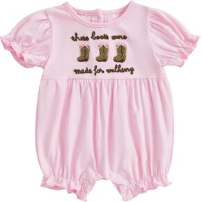 Newborn Baby Girl Western Outfit Letter Boot Embroidery Short Sleeve Romper One Piece Bodysuit Infant Cowgirl Clothes