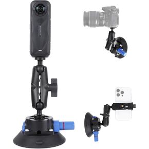 PellKing Camera Vacuum Suction Cup Mount Compatible with Insta360 X5/X4/X3,GoPro Series and DSLR Camera,iPhone 16/15/14/13/12 Series,3.94" Double Ball Head Magic Arm 4.5" Air Pump Vacuum Suction Cup