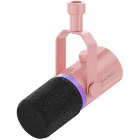 FeelWorld PM1 XLR/USB ميكروفون ديناميكي لتسجيل البودكاست ألعاب قابس البث المباشر وتشغيل إخراج USB-C لتوصيل الكمبيوتر/الهاتف (الوردي)