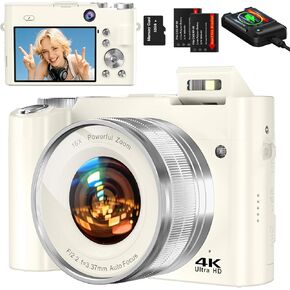 Digital Camera,64MP Vlogging Camera with 32G Memory Card Front and Rear Dual Cameras,4K Cameras with 16X Digital Zoom for Beginners (White)
