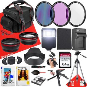 حزمة ملحق 49 مم لـ Canon EOS: R50 ، R100 ، M5 ، M6 Mark II ، M6 ، R10 + Hide Angle and Telephoto Lens + Battery + 64GB Card + Battery Charger + Filters + More (حزمة 22pc)
