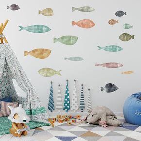 Boho Ocean Fish Wall Decals,Under The Sea Wall Decal Peel and Stick, Removable Vinyl Ocean Animal Art Stickers,for Kids Bedroom Playroom Nursery Classroom Bathroom, Blue Fish Decor