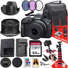 Canon EOS R100 Mirrorless Camera with RF-S 18-45mm f/4.5-6.3 is STM Lens + 64 GB Memory + Hood + Extra Battery + Battery Charger + Filters + More (26pc Bundle) (Renewed)