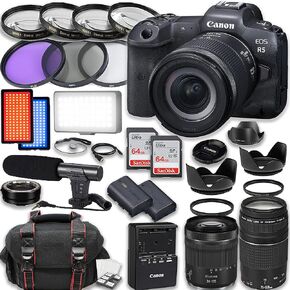 كاميرا Canon EOS R5 كاملة الإطار بدون مرآة مع عدسة RF 24-105mm STM و 75-300 مم F/4-5.6 III ، الملحقات بما في ذلك: بطاقات 2x 64 جيجابايت ، مصباح فيديو LED ، ميكروفون ، بطارية إضافية ، علبة (متجددة)