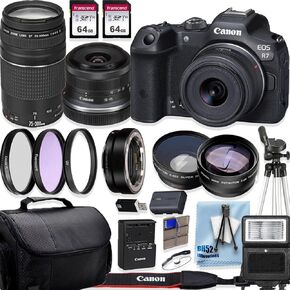 Canon EOS R7 4K Video Recording Mirrorless Camera with 18-45mm and Canon EF 75-300mm f/4-5.6 III Lenses + 128GB Memory + Deluxe Accessory Bundle, Black (Renewed)