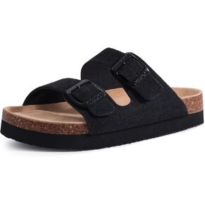 Platform Suede Sandals Soft Cork Footbed Summer Slides with Adjustable Buckle, Black 41 (size 9.5-10)