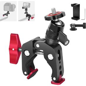 Super Clamp Camera Mount with Mini Ball Head, Aluminum Bike/Motorcycle Handlebar Mount for Go Pro/Insta360/DJI Action Camera, Desk & Tube Crab Clamp for DSLR/Monitor/Light/Mic (SY011)