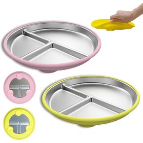 4 Pack Stainless Steel Kids Suction Plates, 9"Toddler Divided Plates with Removable Anti-Slip Silicone Suction Sleeves, 100% Food-Grade Material, Non Toxic&BPA Free, Baby Snack Dishes, Dishwasher Safe