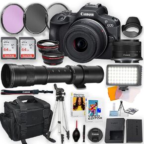 Canon EOS R100 Mirrorless Camera with 18-45mm is STM Lens and 420-800mm Telephoto Lens + LED Video Light, 2pc 64GB Memory Cards, Wideangle and Telephoto Lens, Tripod, Case, Filters & More (Renewed)