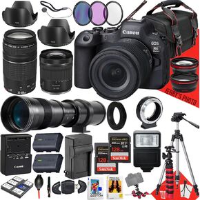 Canon EOS R6 MARK II CAMELLANGE مع 24-105 مم f/4-7.1 هي STM ، EF 75-300MM F/4-5.6 III و 420-800MM LENS + 2PC 128 GB الذاكرة + مرشحات + ترايبود + أكثر (حزمة 35PC) (متجددة)