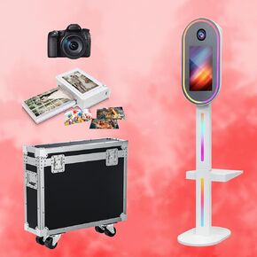 DSLR Photo Booth Machine with Camera and Printer 15.6in Touch Screen Mirror Photo Booth with Flight case for Party Wedding Events (White, Square Booth + Camera+ Printer + Papers)
