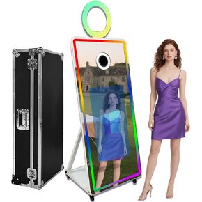 65 inch Magic Mirror Photo Booth Machine Touch Screen,RGB Surround Light Music Sync,Professional Photography Light for Wedding Party Events (White, Machine+Mini Printer)
