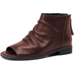 FSJ Women Peep Open Toe Boots Slouchy Low Block Heel Ankle Booties Flats Sandal Ruched Cutout Zipper Comfort Pump Shoes Size 4-15 US