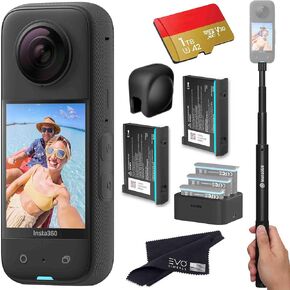 insta360 X3 Battery Bundle - Waterproof 360 Action Camera Bundle Includes Extra 2 Batteries, Charger, Invisible Selfie Stick, Lens Cap & 1TB Memory Card