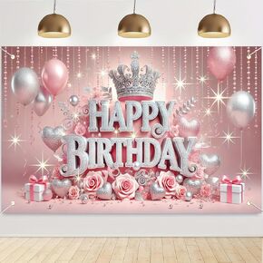 Blissyard Pink Princess عيد ميلاد سعيد خلفية 71 × 43 بوصة متلألئة الفضة الأنيقة التاج وردة راية جميلة الفتاة صورة عيد ميلاد الخلفية صورة استوديو الدعائم الخلفية