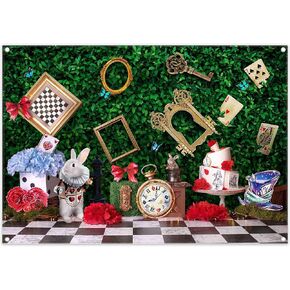7x5ft Fabric Wonderland Enchanted Tea Party Photography Backdrop Kids Fairy Tale Green Grass Birthday Background Checkerboard Rabbit Photo Tapestry Props
