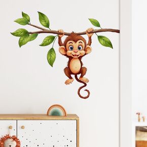 Cute Monkey Hanging on Branch Wall Sticker Nursery Animal Wall Decal for Kid Baby Removable Peel and Stick Wall Art Home Decor Decoration for Preschool Playing Room Living Room Classroom