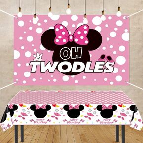 Oh Twodles Backdrop Party Decorations, Pink Palka Dot Backdrop Birthday Banner with Disposable Tablecover Set, Cartoon Photography Background and Tablecloth for Girls 2nd Party Supplies
