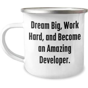 Developer's Dream Big Camping Mug, Gifts from Friends to Developer, Funny Quote, 12 oz Stainless Steel with Enamel Finish, Christmas Unique Gifts