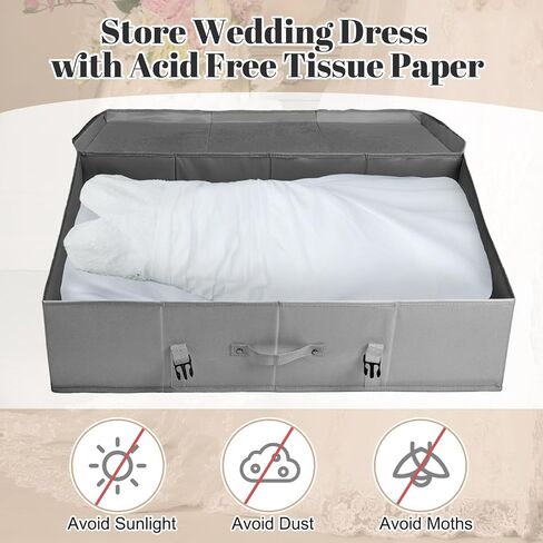 Berlune Wedding Dress Storage Box Kit Bridal Dress Preservation Box with 100 Sheets of Acid Free Tissue Paper and 1 Pair Microfiber Gloves for Storage Wedding Gown, 31 x 20 x 8 Inches(Large,Gray) in Kuwait