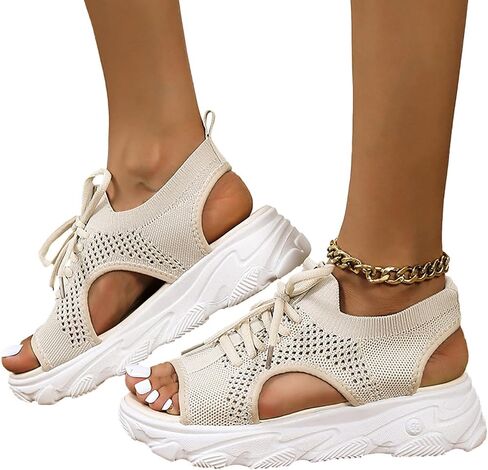 Tangchen Muffin Sandals ، 2023 New Antroved Contraving Cutout Cutout Lace-Up Muffin Sandals ، Women Women Summer Toe Platform Sandals ، Peap Toe Widges for Women in Saudi Arabia