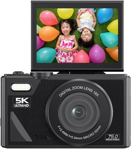 5K HD & 75MP Digital Camera 18X Digital Zoom - WiFi Vlogging Camera for Photography & Video, Autofocus, 3 Inch Screen, 128GB(Not Included), 1150mAh (Black) in Saudi Arabia