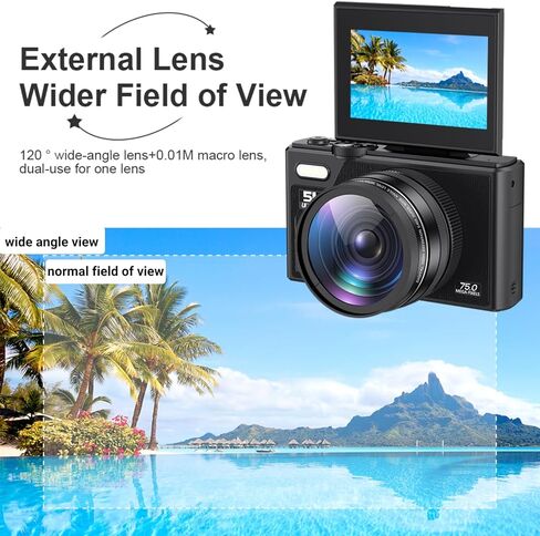 5K HD & 75MP Digital Camera 18X Digital Zoom - WiFi Vlogging Camera for Photography & Video, Autofocus, 3 Inch Screen, 128GB(Not Included), 1150mAh (Black) in Saudi Arabia