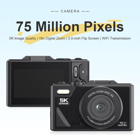 5K HD & 75MP Digital Camera 18X Digital Zoom - WiFi Vlogging Camera for Photography & Video, Autofocus, 3 Inch Screen, 128GB(Not Included), 1150mAh (Black) in Saudi Arabia