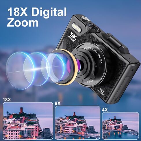 5K HD & 75MP Digital Camera 18X Digital Zoom - WiFi Vlogging Camera for Photography & Video, Autofocus, 3 Inch Screen, 128GB(Not Included), 1150mAh (Black) in Saudi Arabia
