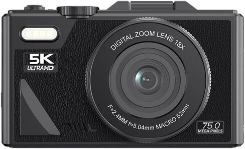 5K HD & 75MP Digital Camera 18x Zoom - WiFi Vlogging Camera للتصوير الفوتوغرافي والفيديو ، ضبط تلقائي تلقائي ، شاشة 3 بوصة ، 128 جيجابايت (غير متضمن) ، 1150 مللي أمبير في الساعة (أسود) in Kuwait