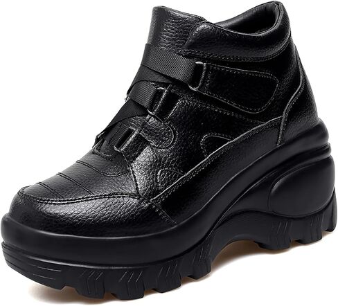 Women's Leather Orthopedic Chunky Platform Ankle Boots with Hook Loop Retro Comfortable Round Toe Arch Support Wedge Booties Casual Anti-slip Daily Work Walking Shoes in Kuwait