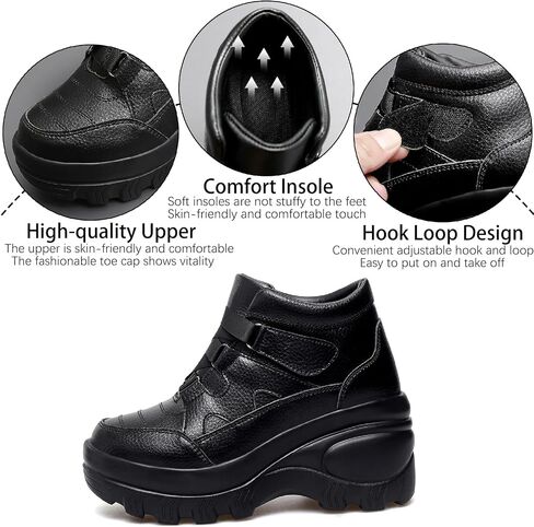 Women's Leather Orthopedic Chunky Platform Ankle Boots with Hook Loop Retro Comfortable Round Toe Arch Support Wedge Booties Casual Anti-slip Daily Work Walking Shoes in Kuwait
