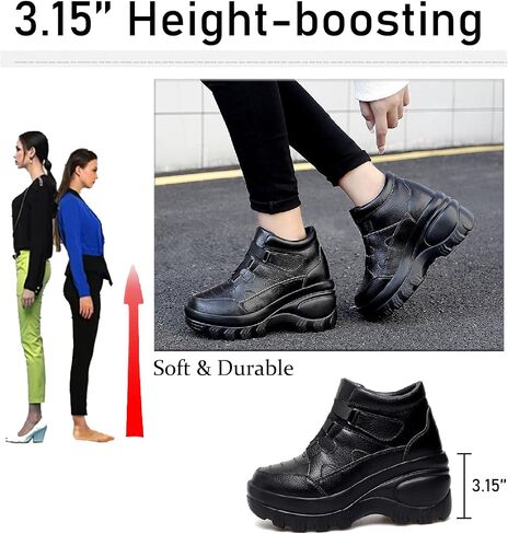 Women's Leather Orthopedic Chunky Platform Ankle Boots with Hook Loop Retro Comfortable Round Toe Arch Support Wedge Booties Casual Anti-slip Daily Work Walking Shoes in Kuwait