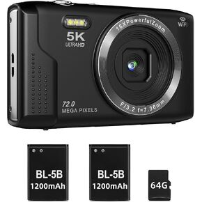 T TAKMLY Digital Camera 5K, Autofocus 16x Zoom 72MP Point and Shoot Cameras Compact Portable with Flash for Kids Boys Girls Teens Students, Anti Shake 2.8'' Screen, 64GB Card Include (Black)