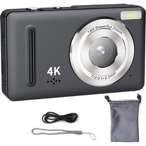 الكاميرا الرقمية ، الكاميرا الرقمية 4K للتصوير الفوتوغرافي ، الكاميرات الصغيرة مع مكافحة Zoom المضادة للتكبير 18x ، كاميرات مضغوطة للائتلاف التلقائي ، النقطة الرقمية وكاميرا التصوير للمبتدئين (أسود)