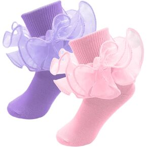 2 Pairs Girls Ruffle Socks Toddler Girl Frilly Dress Socks Fold Double Lace Big Ruffles Church Fancy Sock Little Kids