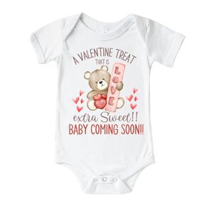 A valentine Treat That Is Extra sweet Valentines Day Baby Announcement Onesie. Pregnancy Announcement to Family, Husband, Grandparents. Surprise Valentine 2024 Baby Reveal Gift ideas.
