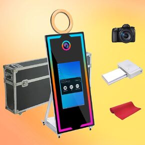 Magic Mirror Photo Booth with Camera and Printer Movable Touch Screen Mirror Photobooth Machine with Ring Light Flight Case for Events Parties (Black, 45-22in Mirror + Camera + Printer+ Papers)