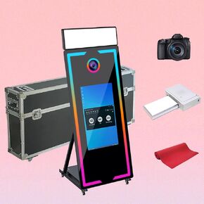 Magic Mirror Photo Bock مع الكاميرا والطابعة Movable Touch Screen Mirt Marle مع ضوء مربع لحفلات الأحداث (أسود ، 45-22 بوصة مرآة + طابعة + أوراق)